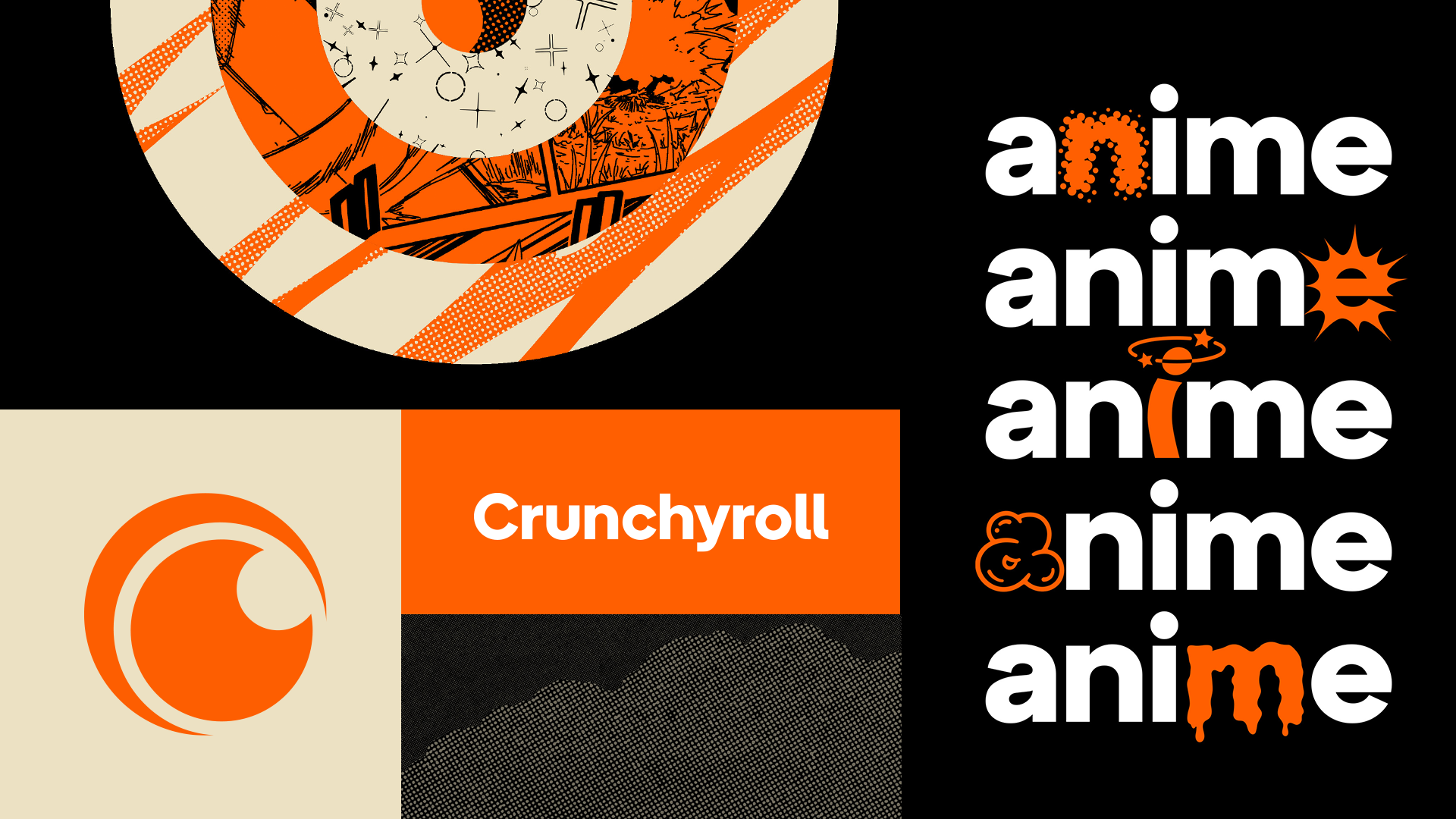 오렌지, 검정, 크림색의 만화 질감과 Crunchyroll 로고를 조합한 공식 브랜드 비주얼
